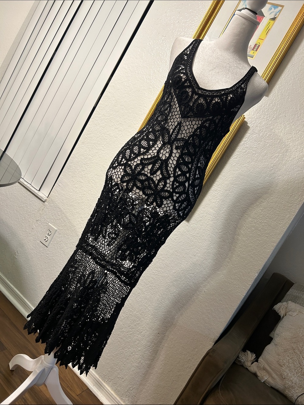BCBG MAXARIA Crochet Maxi Dress - Sheer Floral Lace Knit 100% Cotton